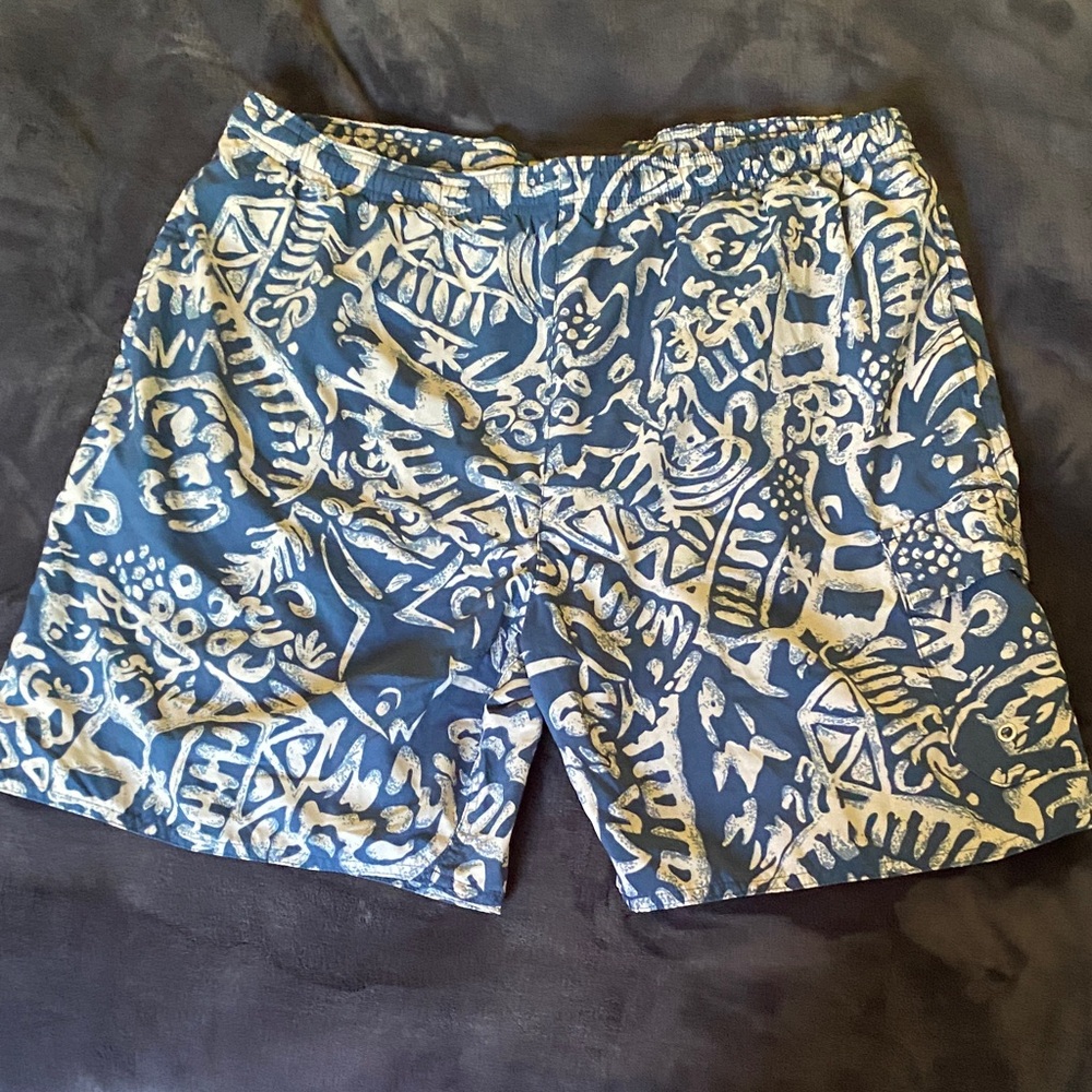 Blue and White Patterned Swim Shorts